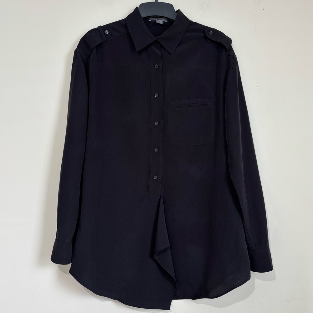 Vince oversize black chiffon button up long sleeve ruffle front hem shirt Small
